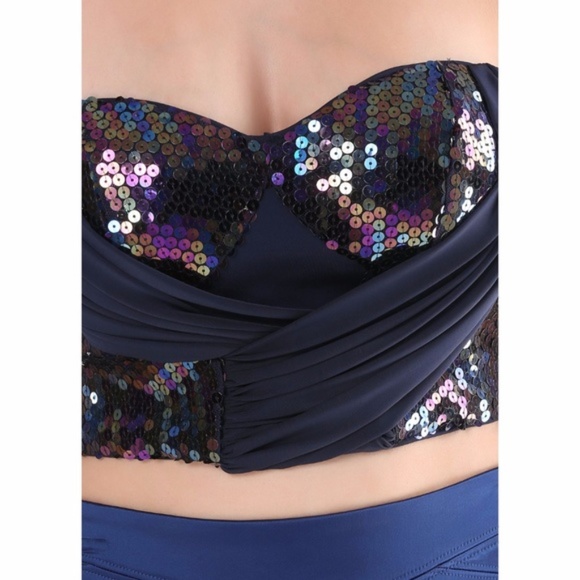 BEBE Navy Blue Sequin Wrap Bustier Crop Top sz L - Picture 3 of 8